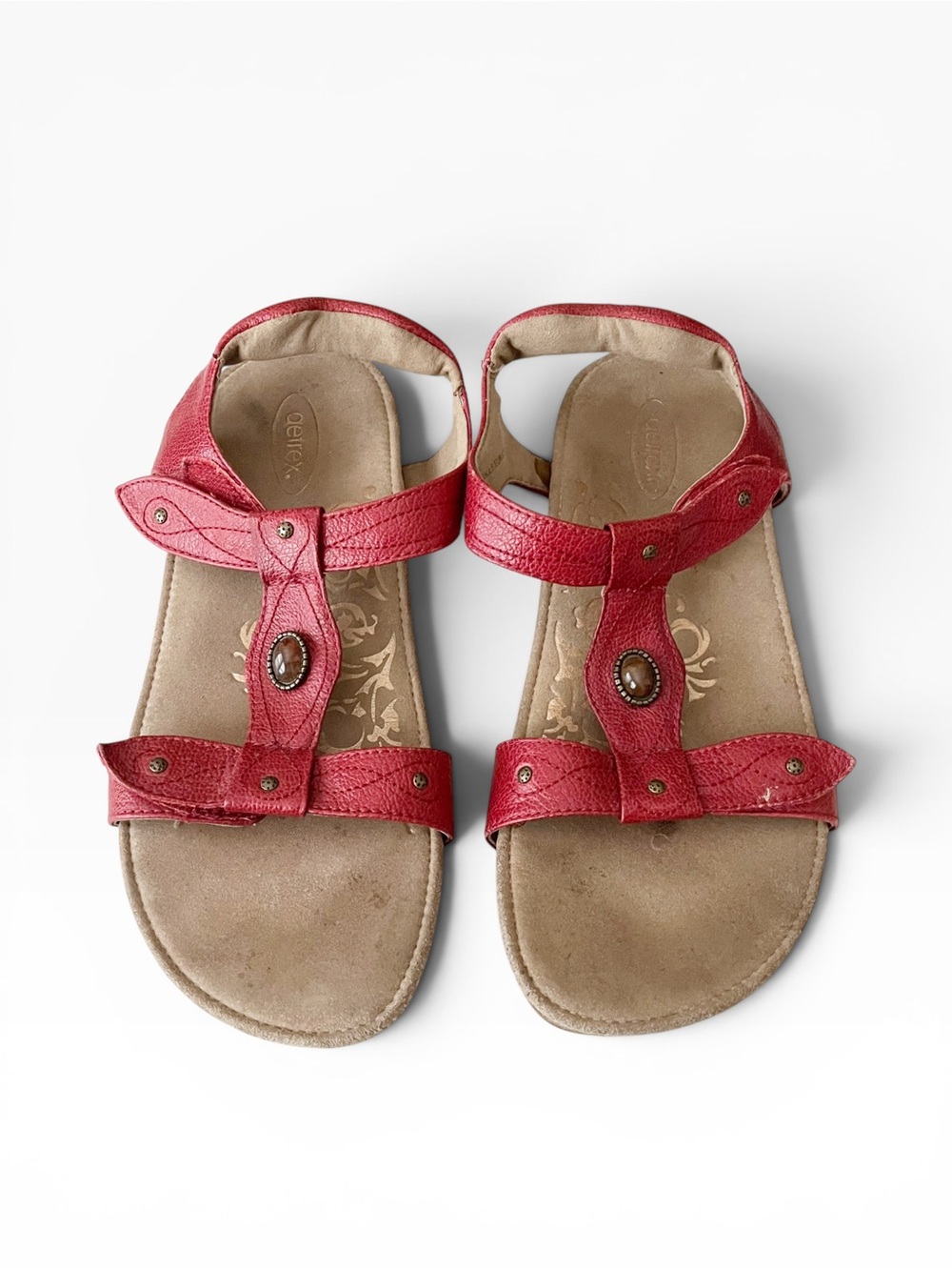 Aetrex Leather Sandals Women's Size 6.5 Red Casual Comfort Boho Walking Shoes